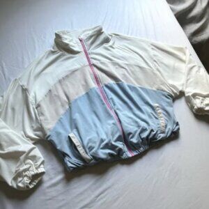 THE UPSIDE tan cream blue colorblock boxy knit mock neck zip up sweater